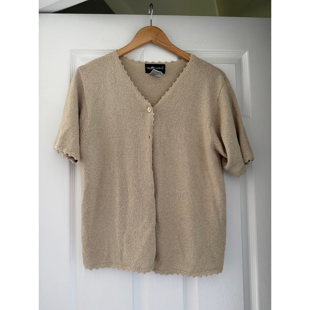 Vintage Cottagecore Knit Button Down Sleeveless Blouse Tan Coastalcore